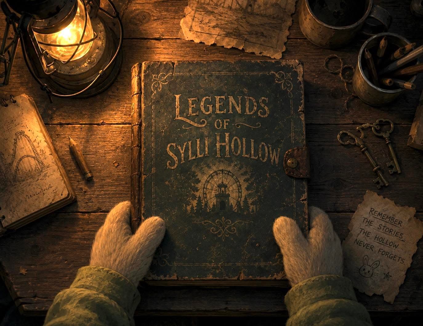 Legends of Sylli Hollow book resting on a lantern-lit wooden table