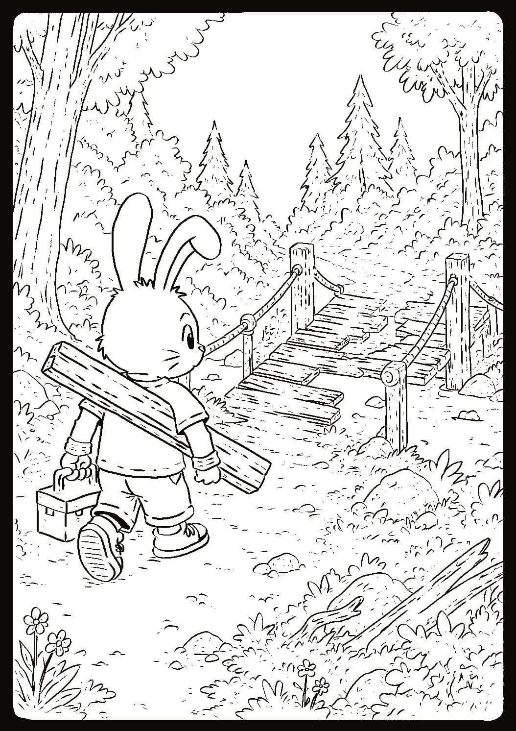 Ink drawing of a rabbit carrying wood toward a bridge