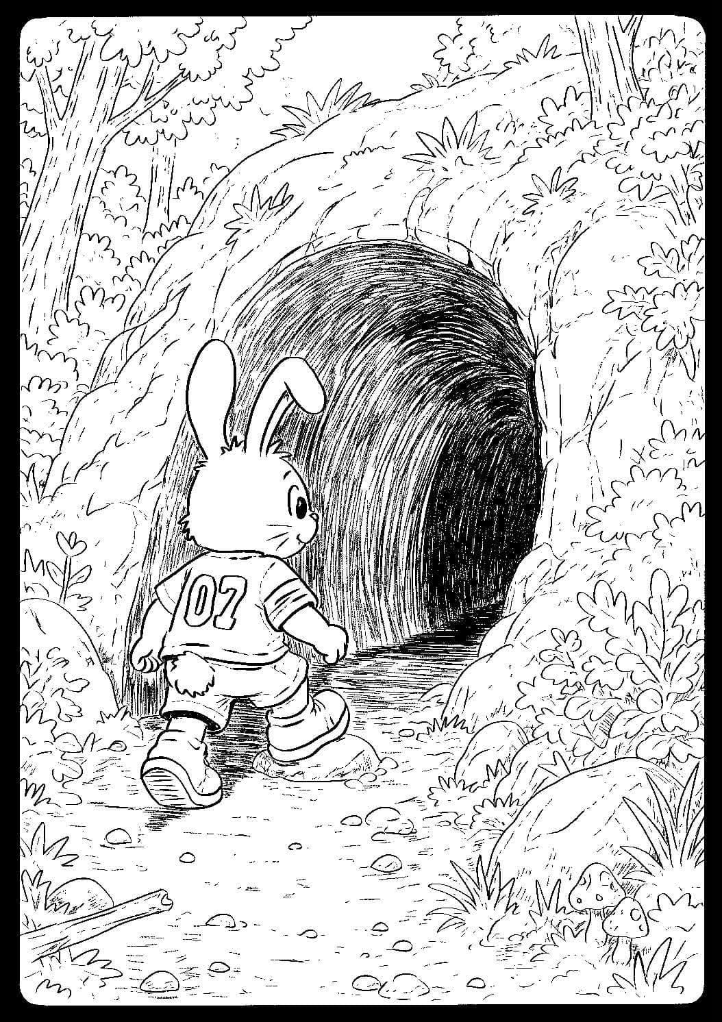 Ink drawing of a rabbit approaching a mysterious tunnel