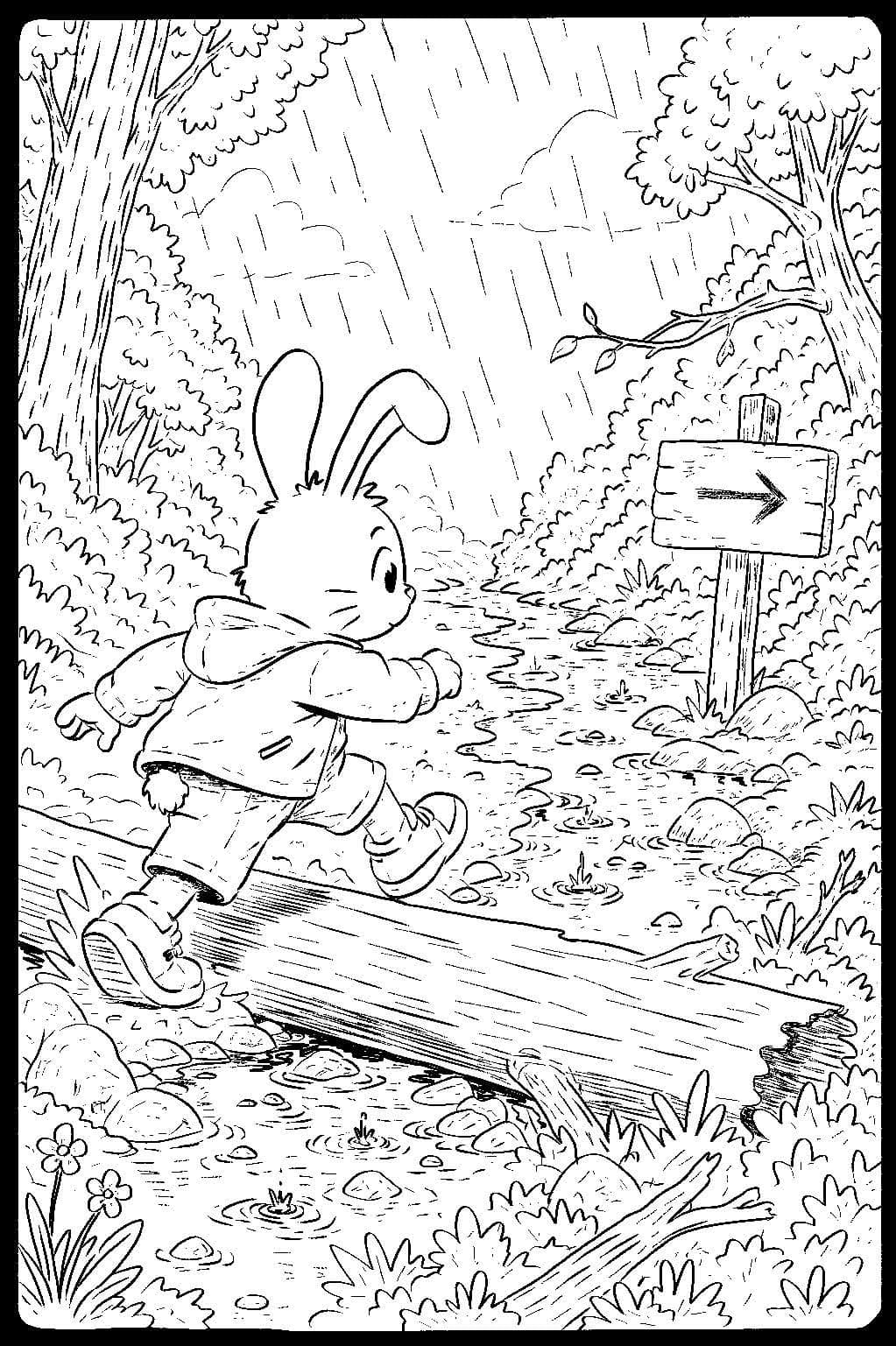 Ink drawing of a rabbit crossing a stream in the rain