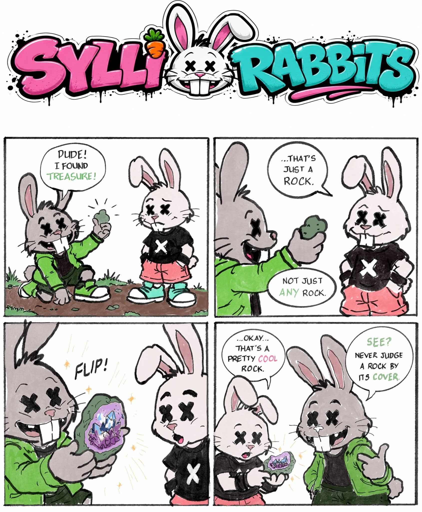 Sylli Rabbits comic about finding a surprising treasure inside a rock